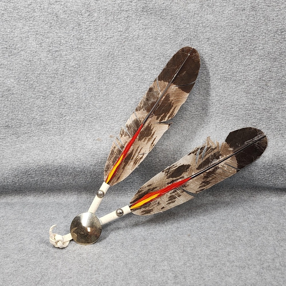 Vintage Native American Style Feather Hair Tie Leather Silver Tone Concho Turkey